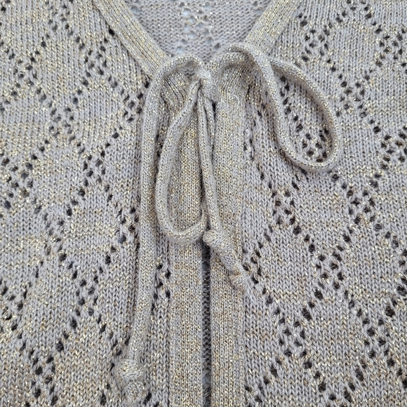 Jason Maxwell tan loose weave v-neck cardigan tie front metallic boho grandma M - Picture 7 of 11